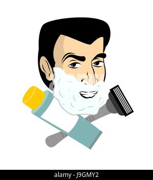 Mann mit Rasierschaum. Rasiermesser und Rohr rasieren gel. Guy rasiert. Barbershop-logo Stock Vektor