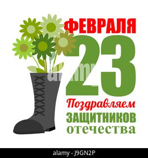 Soldaten-Schuhe und militärischen grünen Blume Blumenstrauß. Geschenk für Männer. Armee-Feier in Russland. Verteidiger des Vaterlandes Tag. Russischen Text: zunächst Stock Vektor