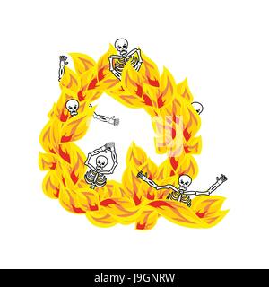 Buchstabe Q höllischen Flammen und Sünder Schriftart. Feurige Schriftzug. Infernal Feuerzeichen Alphabet. ABC teuflische Flamme des satanischen Tod und Skelett Stock Vektor