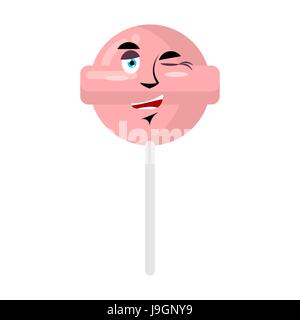 Lollipop zwinkert Emoji. Süßigkeiten Sie auf Stick glücklich Emotion isoliert Stock Vektor