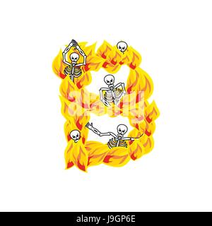 Buchstabe B höllischen Flammen und Sünder Schriftart. Feurige Schriftzug. Infernal Feuerzeichen Alphabet. ABC teuflische Flamme des satanischen Tod und Skelett Stock Vektor