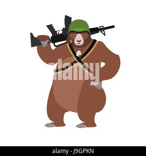 Soldaten zu tragen. Grizzly Militär. Wildes Tier mit un. Tier-Krieger im Helm Stock Vektor