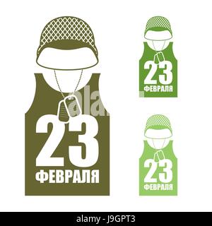 23. Tag des Vaterlandes Verteidiger in Russland. Soldaten-Helm und Hemd. Militärische Kleidung. Armee-Urlaub. Russischen Text: 23 Februar Stock Vektor