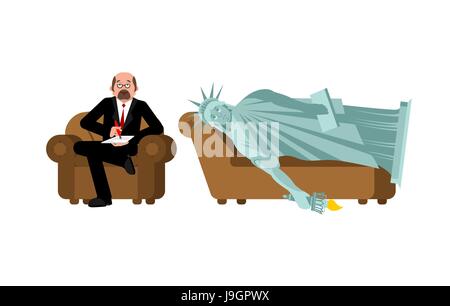 Amerikanischen Depression. Freiheitsstatue Psychologe Rezeption. Konsultation der Psychotherapeut. Traurigen Symbol der USA Stock Vektor