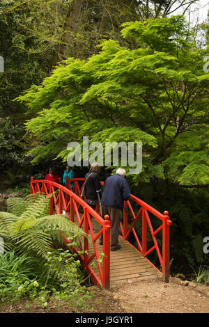 UK England, Dorset, Abbotsbury, Sub tropischen Gärten Besucher auf rot lackiert orientalische Brücke im Frühling Stockfoto