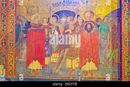 LEMBERG, UKRAINE - 16. MAI 2017: Das Fresko in der armenischen Kathedrale zeigt die Enthauptung des heiligen Johannes des Täufers und wurde von Jan Henryk Rosen geschaffen Stockfoto