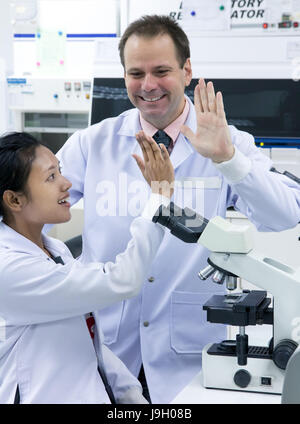 Forscher schlagen Hand in Gratulation der wissenschaftlichen Forschung. Ärzte feiern Erfolge im Labor über das Mikroskop. Stockfoto