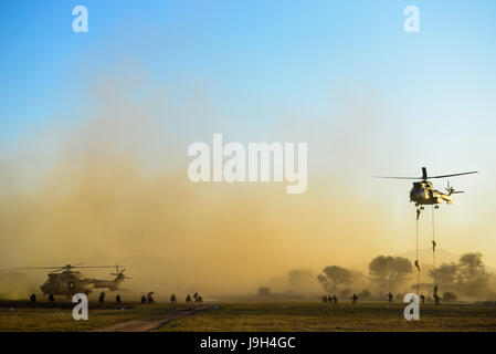 Makhado, Südafrika. 1. Juni 2017. Mitglieder der südafrikanischen Armee und zwei Oryx-Hubschrauber von der South African Air Force (SAAF) Demonstratesduring die 2017 Air Fähigkeit Demonstration am Roodewal Luftwaffe Bombardierung Bereich in der Provinz Limpopo, Südafrika am 1. Juni 2017. Die SAAF Air Fähigkeit Demonstration fand hier am Donnerstag statt. Die SAAF-Mitglieder wurden in Zusammenarbeit mit der südafrikanischen Armee, South African Military Health Service und spezielle Kraft-Brigade demonstriert. Bildnachweis: Zhai Jianlan/Xinhua/Alamy Live-Nachrichten Stockfoto