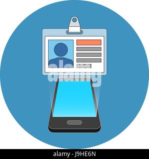 Smartphone Benutzer-ID, Profil-Konzept. Isometrische Design. Klicken Sie im blauen Kreis auf weißem Hintergrund. Stock Vektor