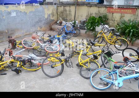 Bike-sharing in China. Mobile und Ofo hat Chinas Straßen mit Zyklen überschwemmt. Bezahlen Sie mit Handy und QR-Code. Bild von Shenzhen. Stockfoto