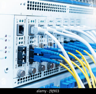 Fiber Optic Kabel verbunden auf optische Ports und UTP, Netzwerk-Kabel mit Ethernet-Ports verbunden. Stockfoto