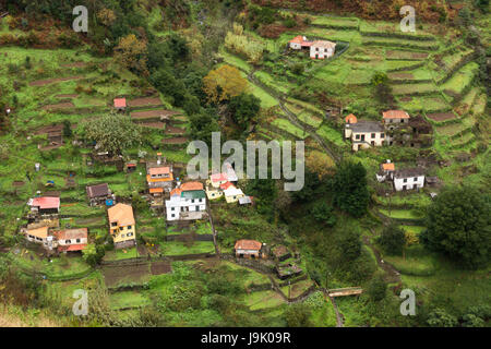 Eine Luftaufnahme auf typische madeirischen Kleinbetrieben und in das Dorf Lombo Do Moleiro Terrassierung Stockfoto