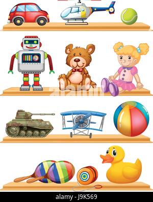 Verschiedene Spielzeuge auf Holzregalen illustration Stock Vektor
