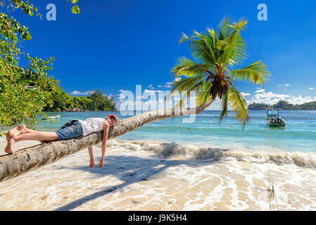 Süsser Boy ruht auf einer Palme auf der tropischen Insel auf Vacationю liegend Stockfoto