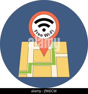 Suche nach kostenlosen Wi-Fi-Blitzschutzzonen-Konzept. Flaches Design. Symbol in blauer Kreis auf weißem Hintergrund Stock Vektor