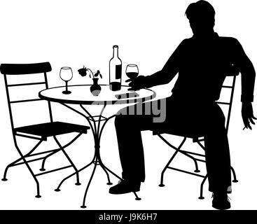 Bearbeitbares Vektor Silhouette eines Mannes Weintrinken alleine an einem Tisch für zwei Personen mit allen Elementen als separate Objekte Stock Vektor
