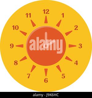 Sommerzeit-Konzept. Kombinierte Uhr und Sonne. Flaches Design. Symbol im Orangen Kreis auf weißem Hintergrund Stock Vektor