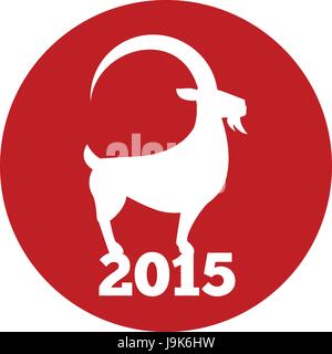 Chinese New Year des Begriffs Ziege 2015. Flaches Design. Symbol im roten Kreis auf weißem Hintergrund Stock Vektor