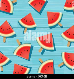 Wassermelone Slice auf blau aus Holz. Sommerzeit-Hintergrund-Banner. Stock Vektor