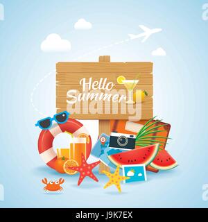 Hallo Sommerzeit Reise-Saison-Banner-Design und bunte Strand Elemente im Hintergrund. Stock Vektor