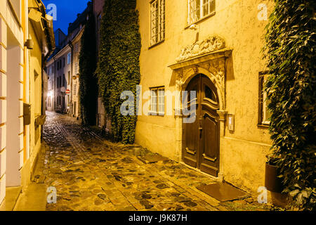 Riga, Lettland. Alte hölzerne braun Tür des Portals, verziert durch Spritzgießen auf der Fassade des alten Gebäudes auf Torna Straße In der Altstadt In der Beleuchtung am Abend O Stockfoto