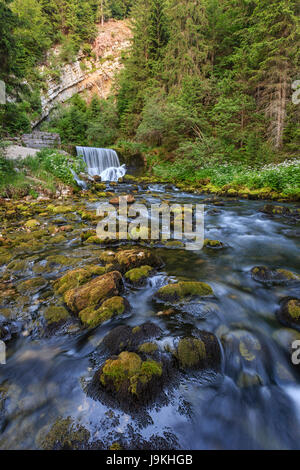 Frankreich, Doubs, Jura Regionale Naturpark, Mouthe, die Quelle des Doubs ist ein paar Meter vor dem Wasserfall Stockfoto