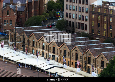 Alten Lagerhäusern an Campbells Cove Steg in Sydney, Australien. Stockfoto