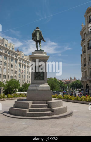 Denkmal für Miguel de Cervantes, Autor des Don Quijote, Plaza De La Cortes, Madrid, Spanien Stockfoto