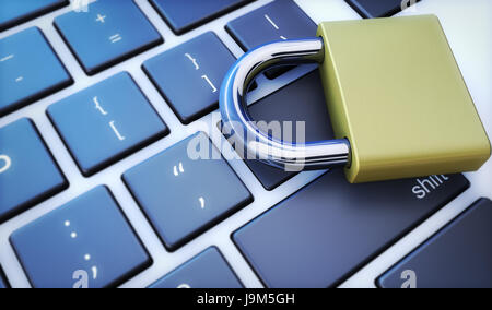 Online-digitale Daten und Cyber Security-Konzept mit ein geschlossenes Vorhängeschloss auf einer Computer-Tastatur-3D-Illustration. Stockfoto