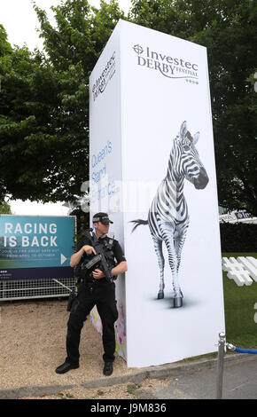 Ein bewaffneter Polizist steht Wache am Ladies Day während der 2017 Investec Epsom Derby Festival in Epsom Racecourse, Epsom. Stockfoto