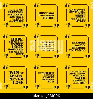 Satz von motivierende Zitate über Hoffnung, Aktion, harte Arbeit, Leistung, Erfolg, Gewinner und nie aufgeben. Einfache Notiz-Design-Typografie-Poster. Vecto Stock Vektor