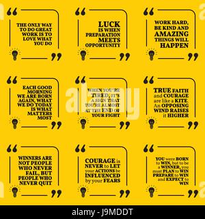 Satz von motivierende Zitate über Aktion, harte Arbeit, viel Glück, Ziele, glauben, Mut, Erfolg, Erfolg und Gewinner. Einfache Notiz Design Typografie poste Stock Vektor