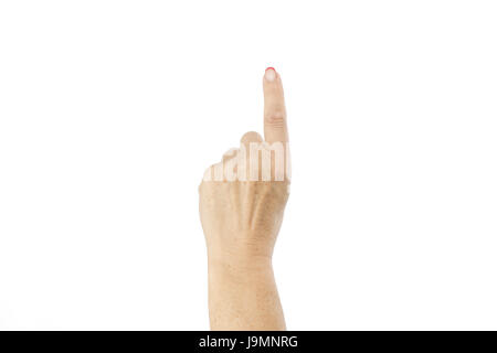 Weibliche Hand isolierten auf weißen Hintergrund zeigt. Frau Hand mit Finger hochgehalten. Konzept, drücken einer Taste oder schieben, Studioaufnahme. Stockfoto