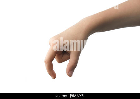 Kinderhand abholen Objekt isoliert auf weißem Hintergrund. Kleine Kinder Hand hält so etwas von oben. Stockfoto