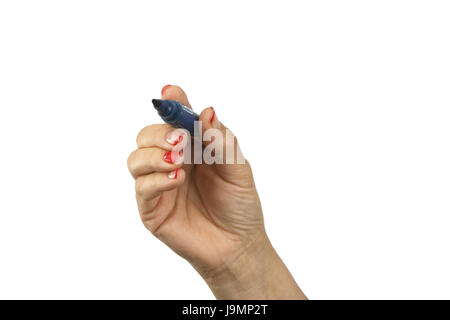 Frau Hand mit schwarzem Filzstift zeichnen oder schreiben isolierten auf weißen Hintergrund. Weibliche Handschrift mit einem Marker. Stockfoto