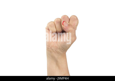 Frau Hand in einer Faust isoliert auf weißem Hintergrund mit Beschneidungspfad komprimiert. Konzept stark, Protest, wütend, Sieg, Kraft, Rebel, Revolution und Stockfoto