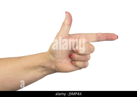 Mit dem Ziel Handzeichen isoliert auf weißem Hintergrund. Nahaufnahme von Frauenhand mit Zeigefinger. Stockfoto