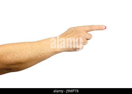 Frau hand isolierten auf weißen Hintergrund. Geste Richtung auf der rechten Seite. Hand, Finger zeigt. Weibliche Handzeichen geben die Richtung an. Stockfoto