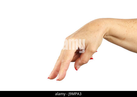 Frau hand zeigen, die zu Fuß Finger isoliert auf weißem Hintergrund. Weibliche Hand Gesten mit zwei Fingern nach unten zeigt. Clipping-Pfad enthält. Stockfoto