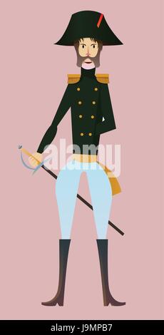 Digitale Vektor, Französisch napoleonischen Soldaten Charakter für Infografiken mit Schwert, Schnurrbart und Hut, flache Stil, rosa Hintergrund Stock Vektor