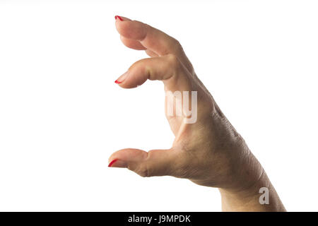 Frau Hand zeigt die Größe der etwas mit zwei Fingern Stockfoto