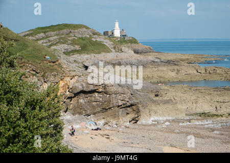 Kopf, murmelt Leuchtturm, Küste, zu Fuß vom Mumbles, Langland Bucht, Gower Halbinsel, Swansea, Swansea Bay, West Wales,Wales,Welsh,U.K.,UK,GB,Europe Stockfoto