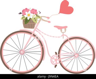 Vintage Hochzeit Fahrrad mit Herz Ballon und Blumen Valentines Illustration auf Hintergrund isoliert. Stock Vektor