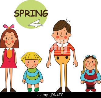 Kinder Frühling Urlaub im Park. Cartoon Frühling Park Vektor-Illustration mit Kinder Jungen und Mädchen. Abbildung der Kinder im Frühjahr. Stock Vektor