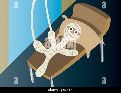 ein verletzter Patienten warten geduldig im Bett bedeckt mit Bandagen, Stock Vektor