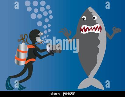 Ein Tiefsee Taucher nehmen Foto von einem Hai Stock Vektor