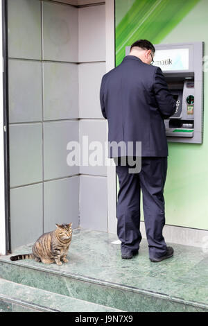 Ein Geschäftsmann mit einen Geldautomaten mit Fett Streukatze wartet hinter ihm, in Kadiköy, Istanbul, Türkei. Stockfoto