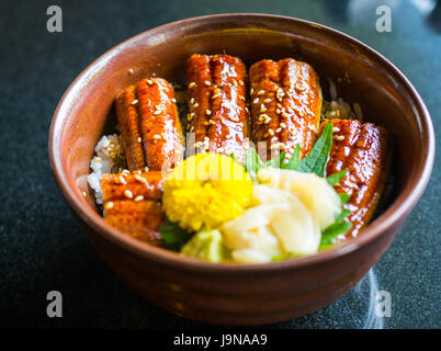 Unagi Don gegrillten Aal Reisschüssel, japanische Futternapf mit Dekoration Stockfoto
