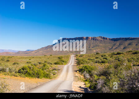 Schotterstraße überqueren die majestätische Landschaft im Karoo Nationalpark, Reiseziel in Südafrika. Stockfoto