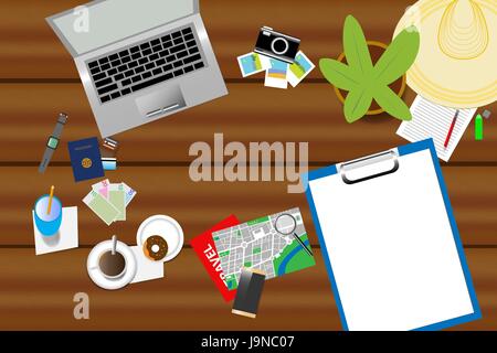 Draufsicht der Urlaubsplanung Aids sind auf einem Holztisch gelegt. Leeres Blatt Papier rechts des Vektors ist bereit für Ihren text Stock Vektor